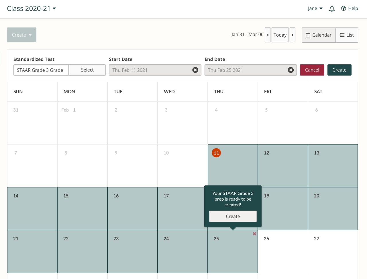 Screenshot of the process for selecting the start and end date for a Test Prep in the Prodigy teacher dashboard.