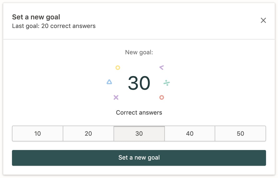 A screenshot of the Prodigy parent dashboard widget where they can set new goals for their children.
