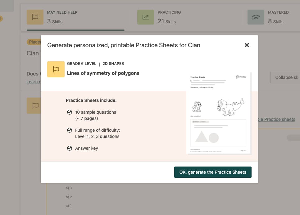 Screenshot of Prodigy's Practice Areas feature in the parent dashboard.