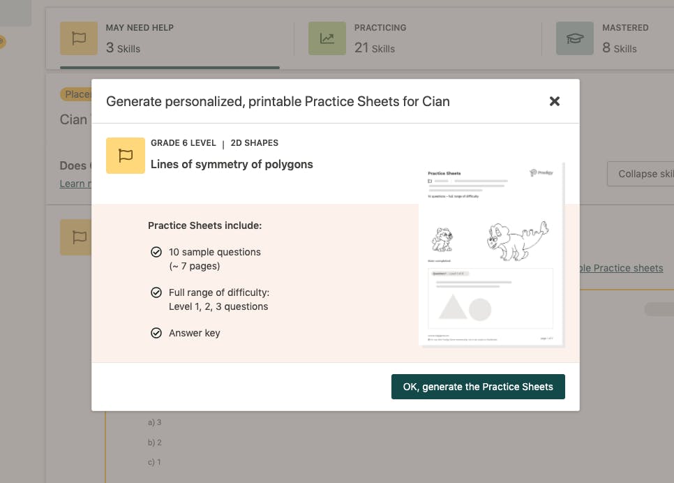 Image of a Prodigy parent dashboard showing the Practice Sheets Premium feature