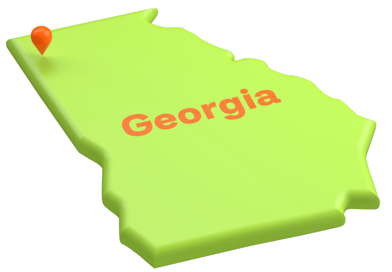 Outline of a map of the state of Georgia with an orange pin where Floyd County Schools are.