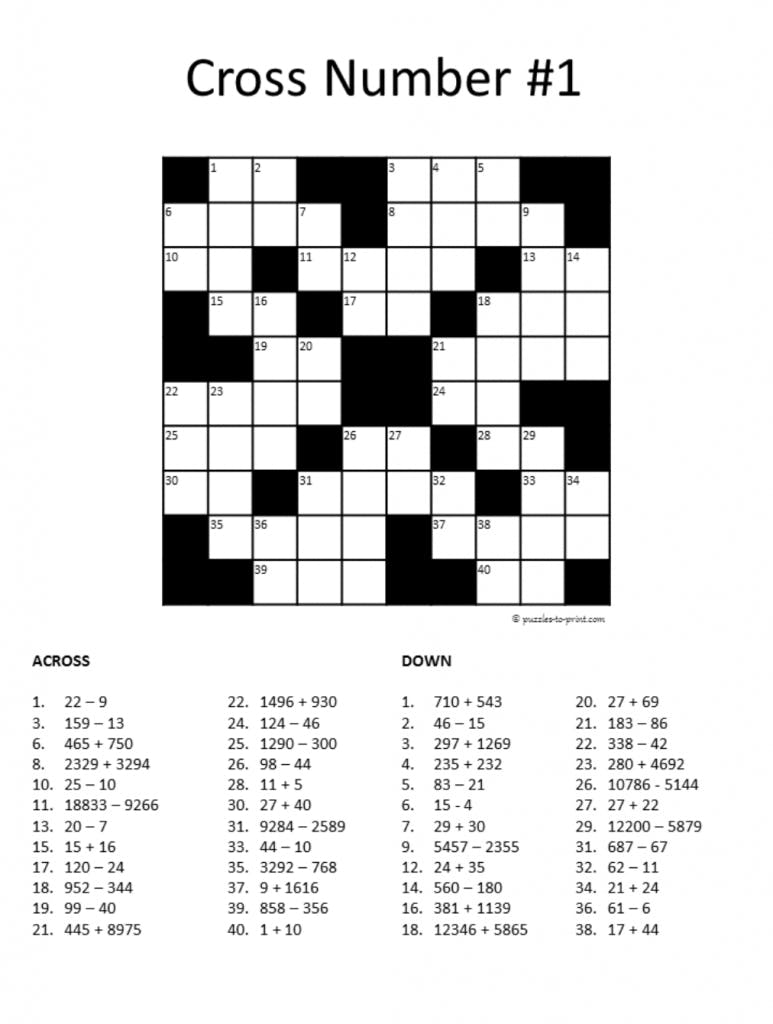 Math crossword puzzles