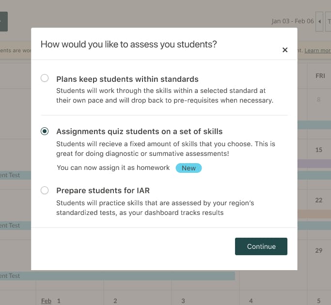 Screenshot of the assessment pop-up in Prodigy's teacher dashboard with Assignments and the new homework feature selection.