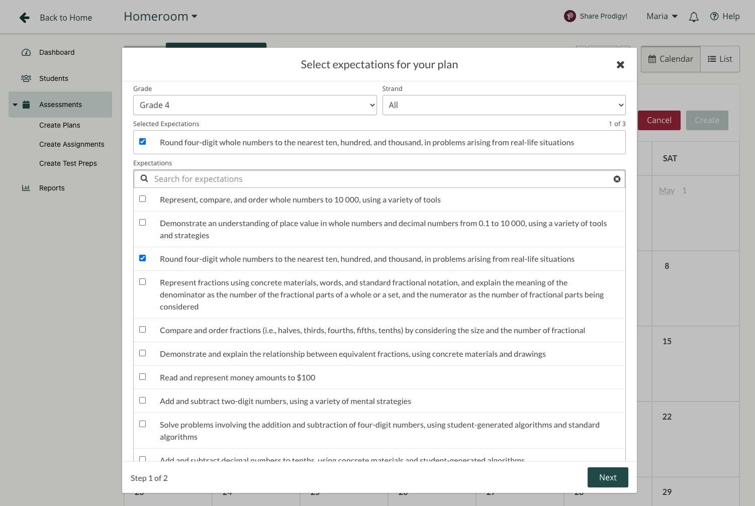 Screenshot of standard selection in Prodigy's teacher dashboard.