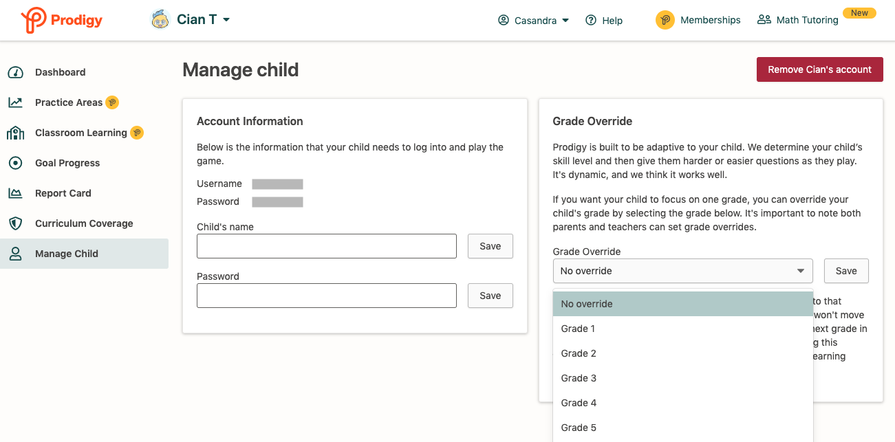 Screenshot of "Manage Child" screen in Prodigy's parent dashboard while setting a grade override.