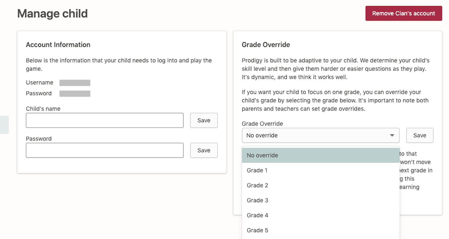 Screenshot of "Manage Child" screen in Prodigy's parent dashboard while setting a grade override.