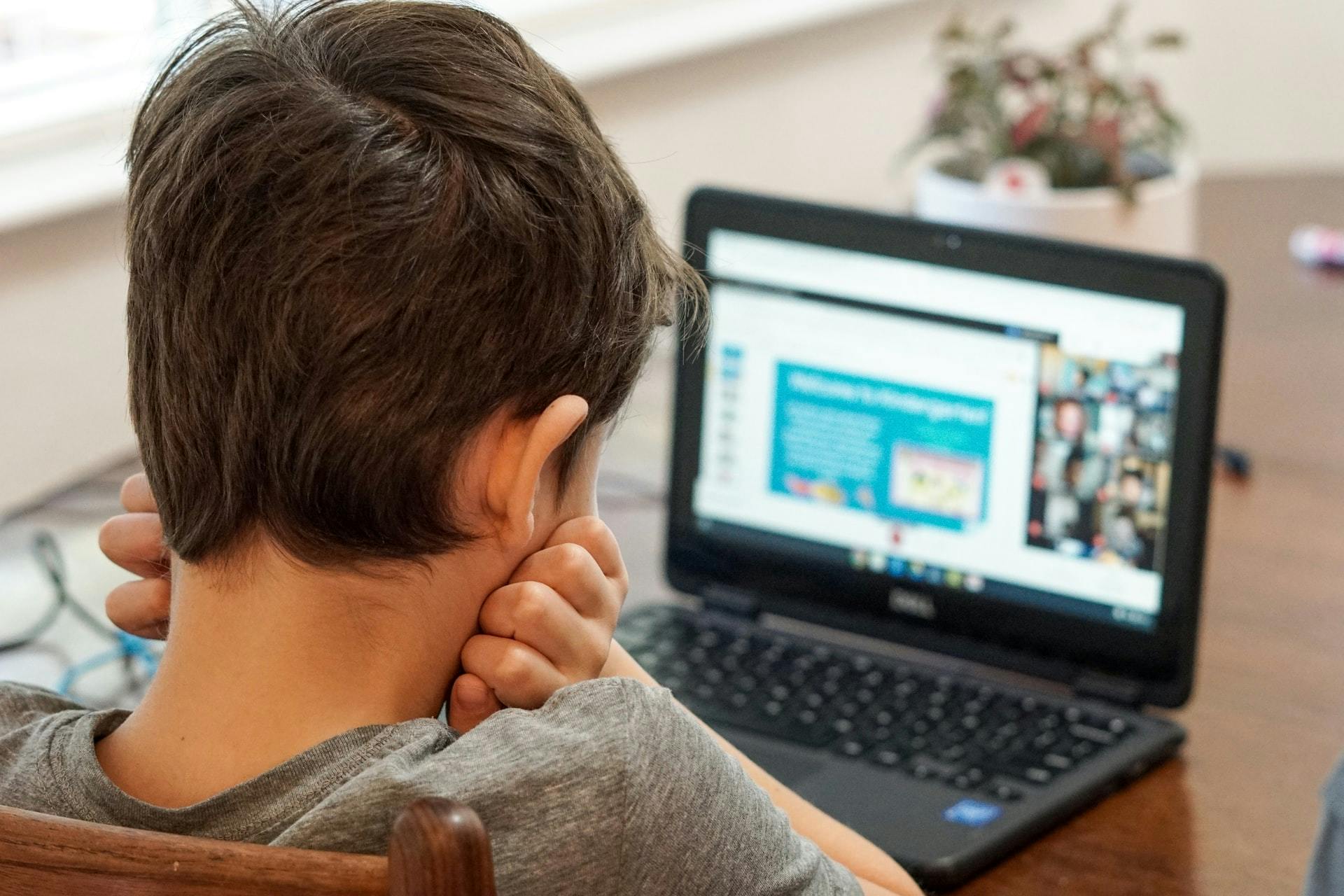 Boy sits at a table with his head in his hands, participating in a lesson with an online learning platform.