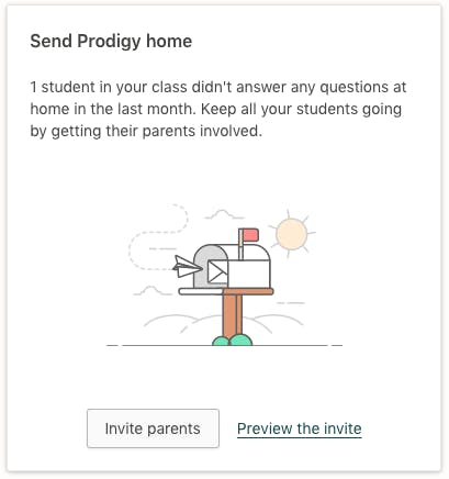 Screenshot of the parent letter widget in the Prodigy Teacher dashboard.