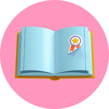 Book graphic with a merit over a pink circle.