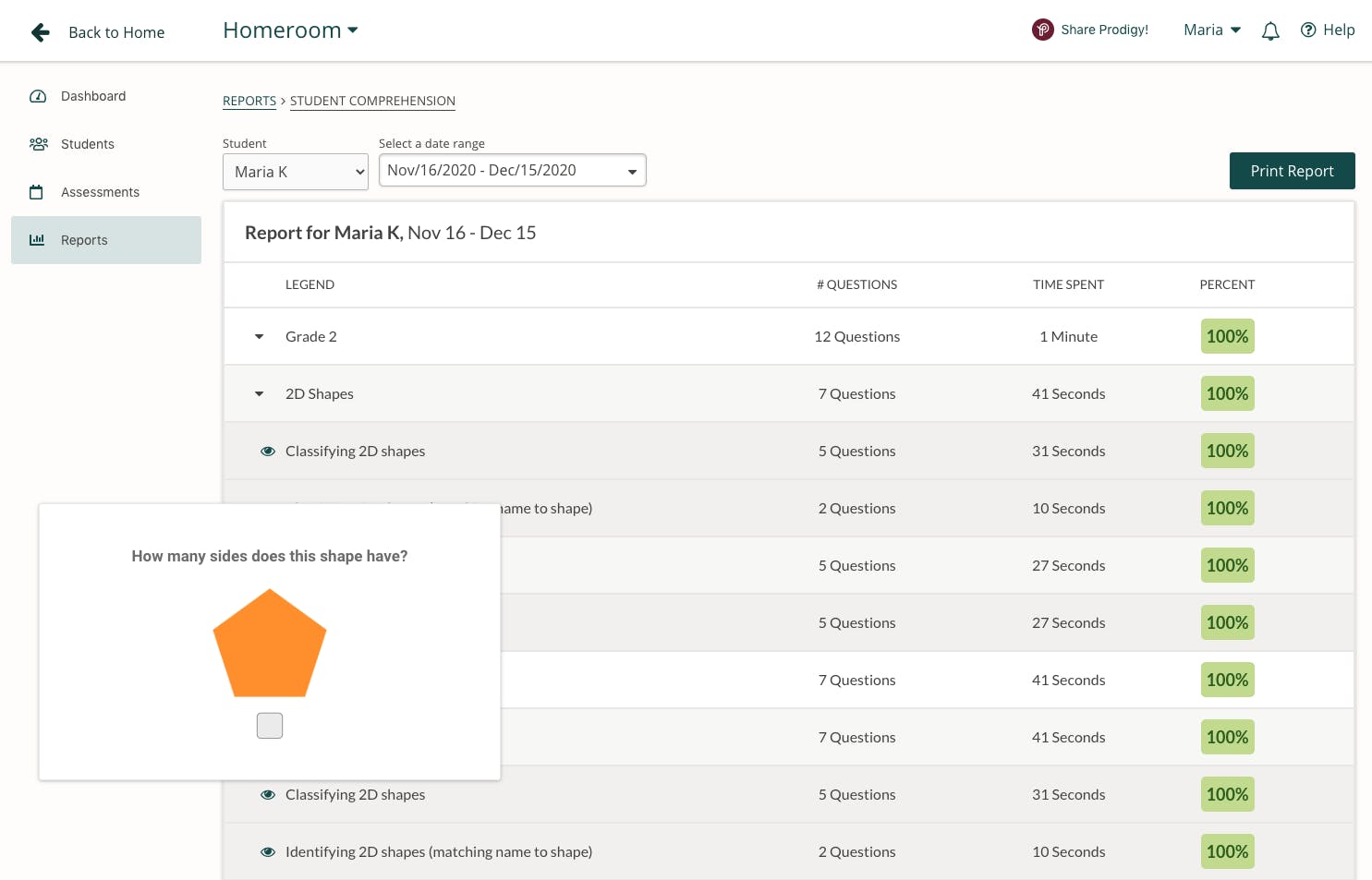 Screenshot of the student comprehension report in the Prodigy teacher dashboard. 