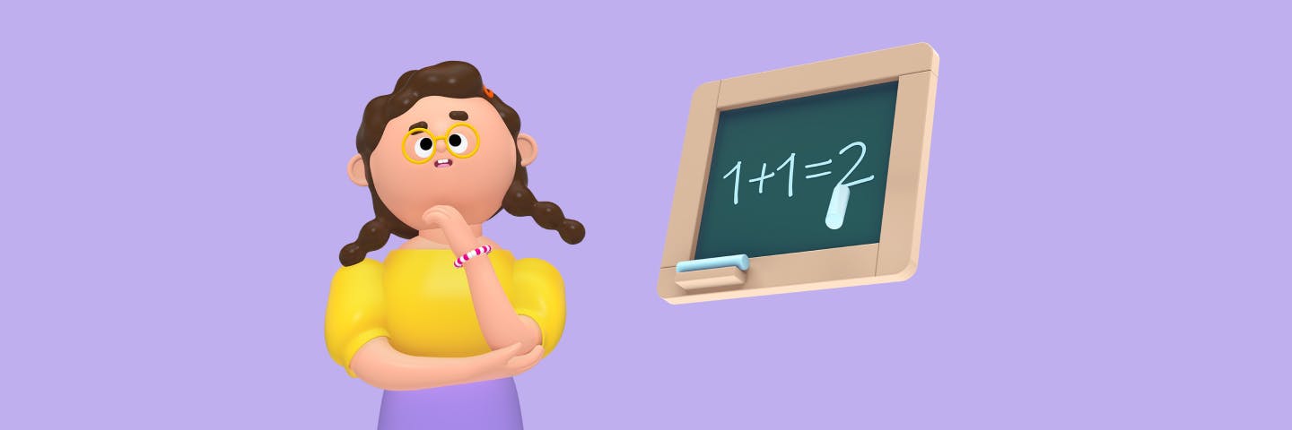 Girl thinking with her chin on her first with one plus one equals two on a chalkboard on the right side.