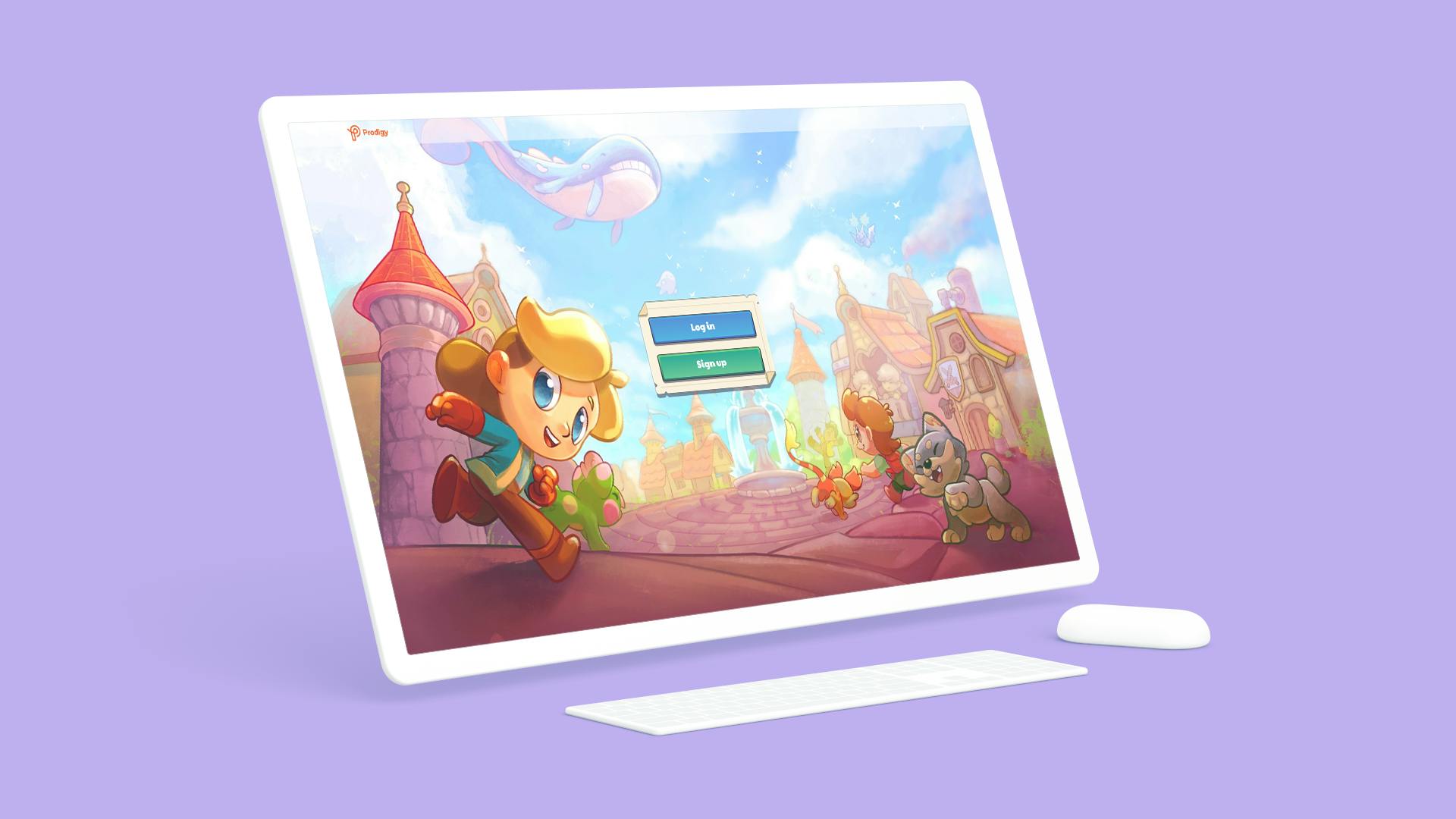 A computer screen showing the Prodigy Math Game login page in front of a purple background