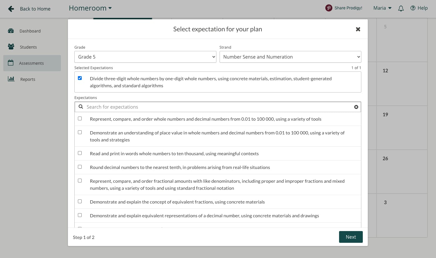 Screenshot of Prodigy Math Game's Assessments tool, with Plans selected.