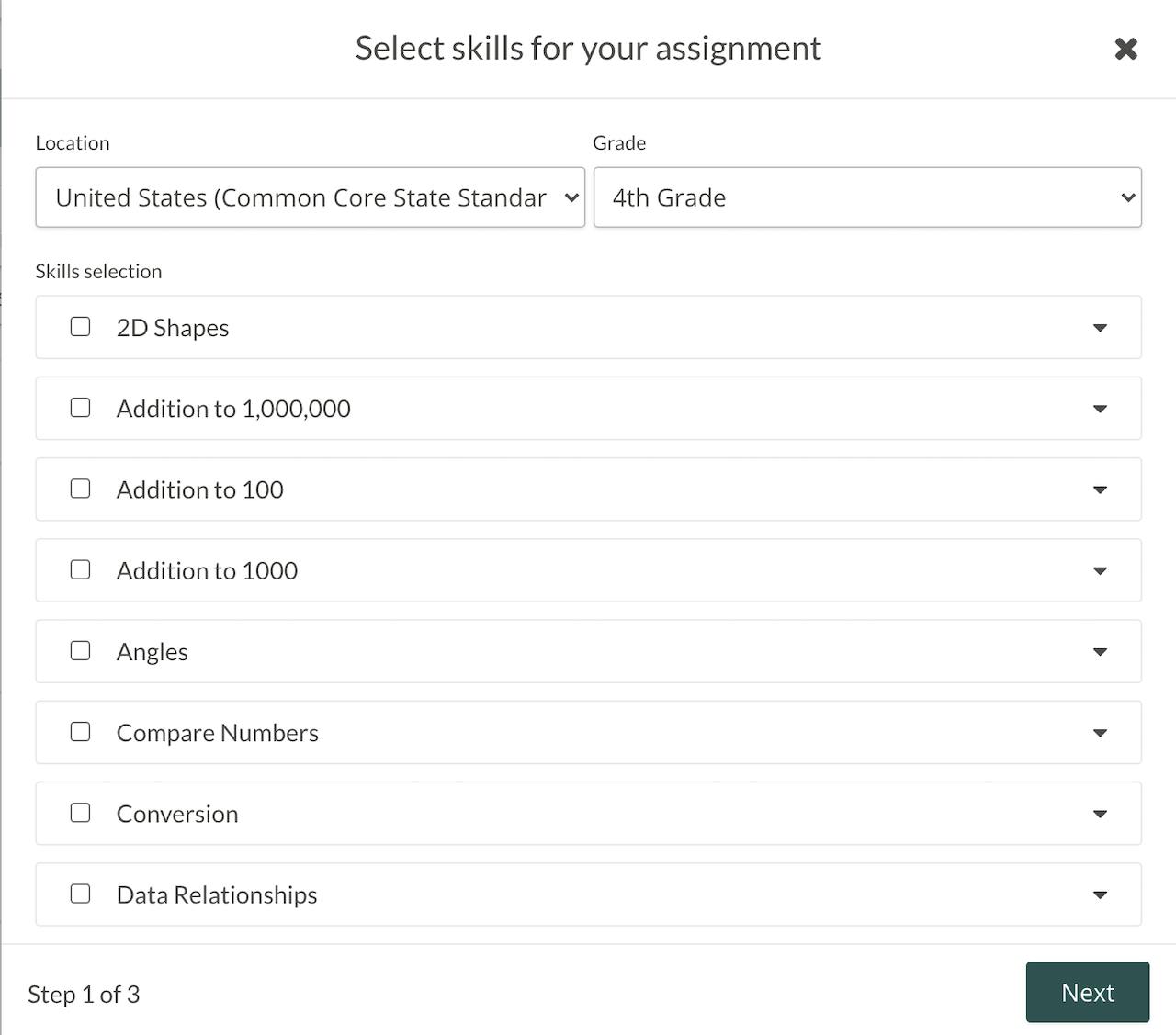 In-app image of the Assignment feature in a Prodigy teacher account, showing the "Select skills for your assignment" page.