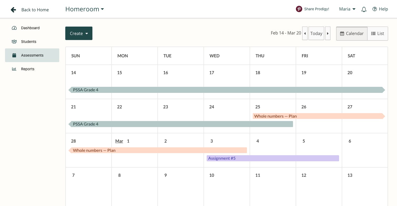 Assessments screen with featured Assessments in calendar within a Prodigy teacher account