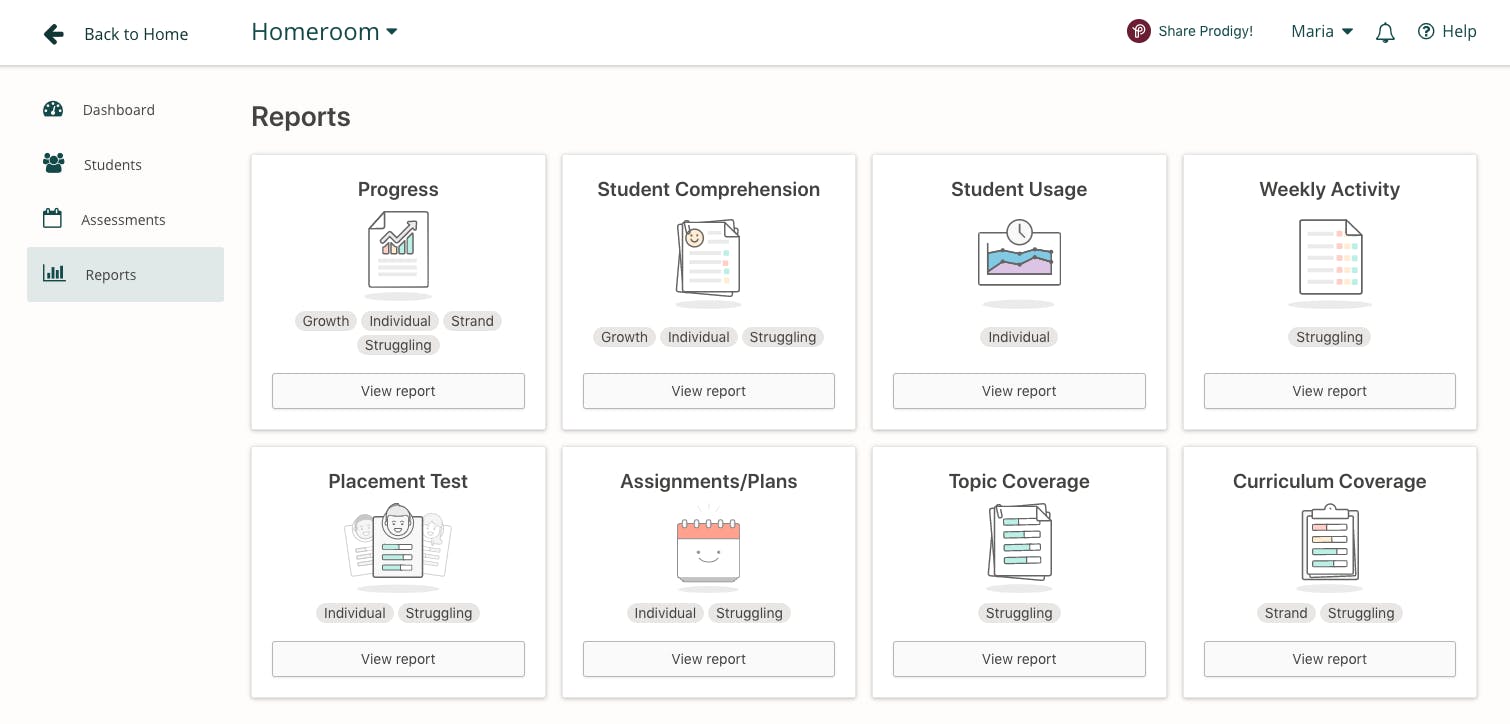 Screenshot of the reports available in Prodigy's teacher dashboard