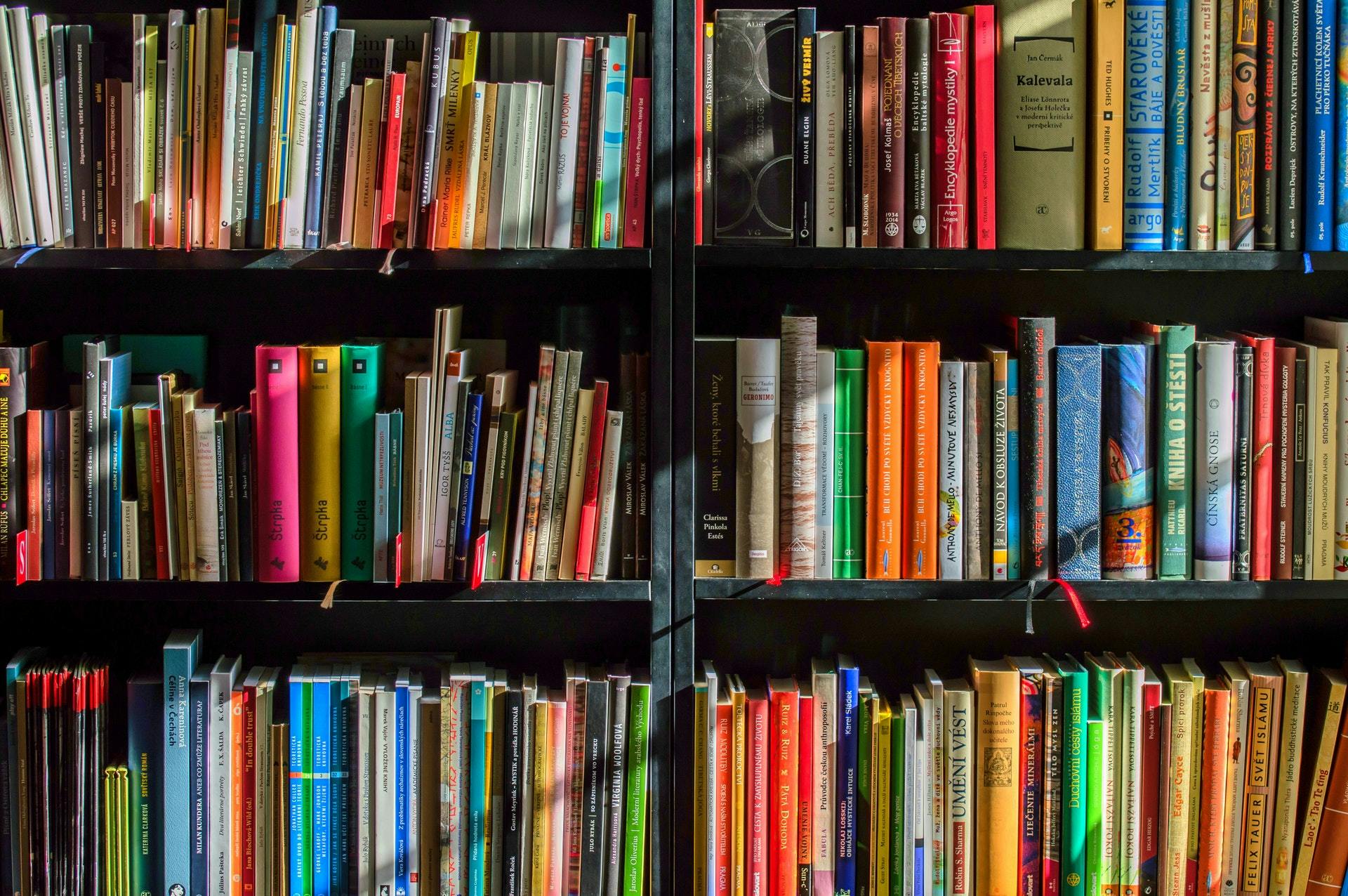 Library bookshelf filled with colorful books.