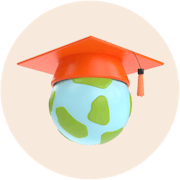 A circle image of a globe wearing an orange graduation cap.