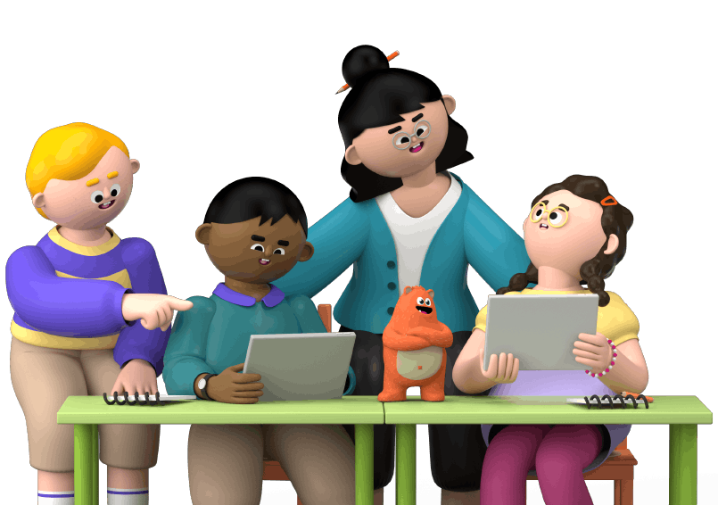 A teacher and Prodigy Education mascot, Ed, at a desk showing three students Prodigy's math curriculum on their tablets