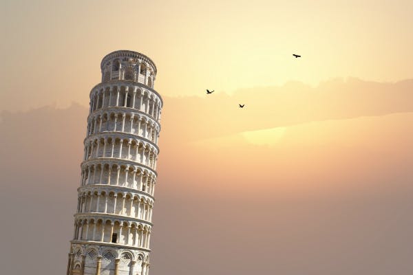 The Leaning Tower of Pisa at sunset.