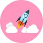Rocket icon on pink background.