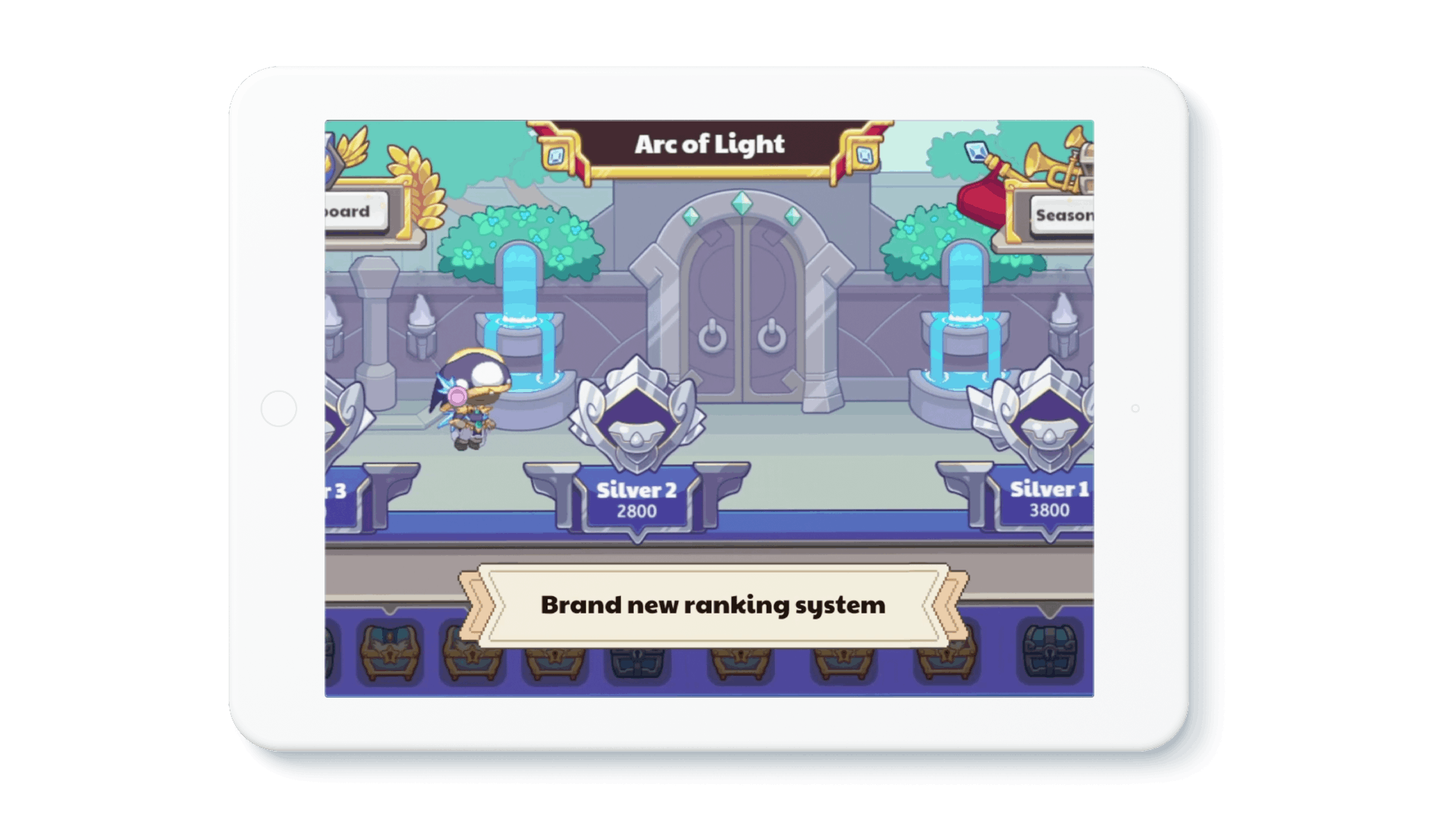 Tablet device showing in-game footage of the new Arena, with a banner that reads: "Brand new ranking system."