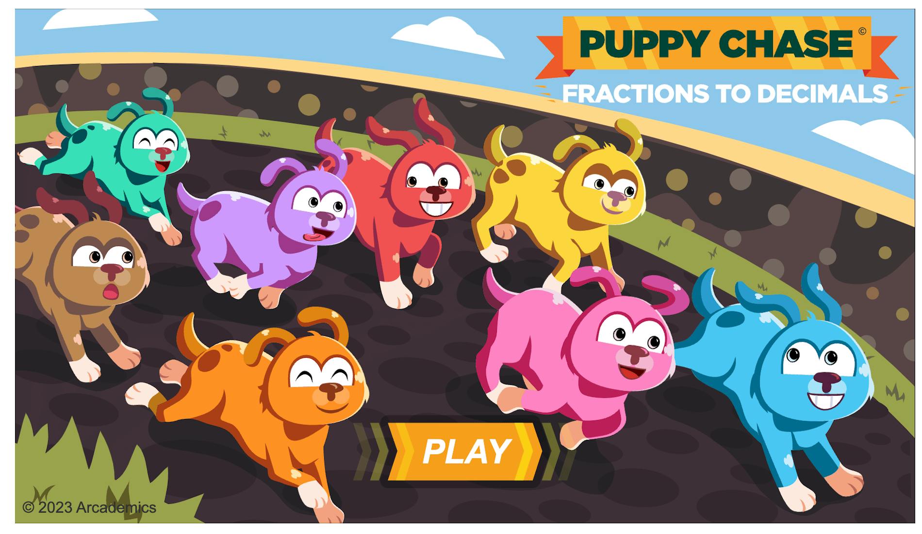 Home screen of Puppy Chase fractions to decimals game.