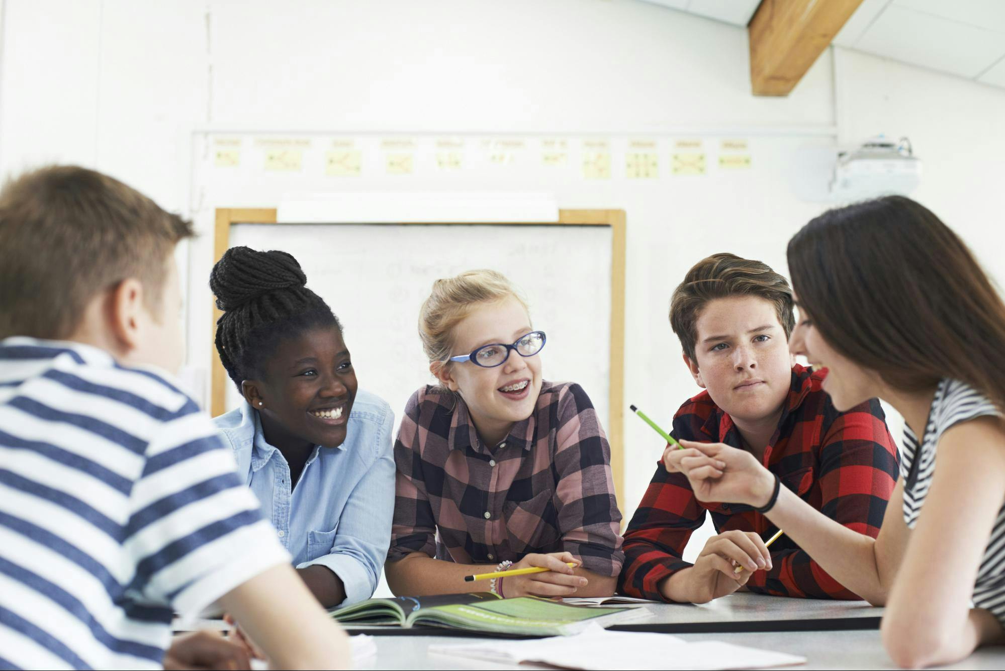 Group of five middle school students completing an icebreaker activity.