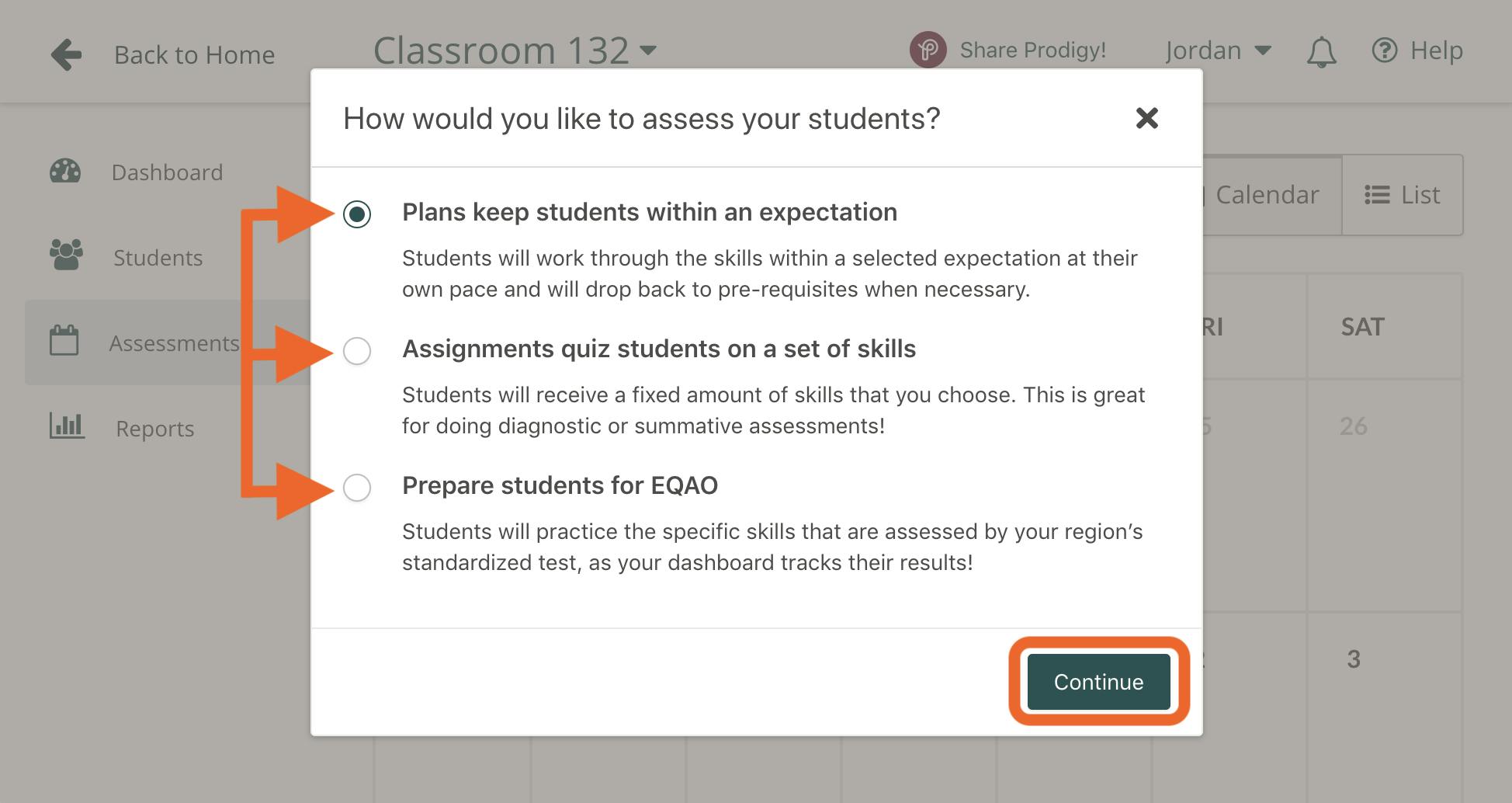 Screenshot of Assessments pop-up on Prodigy's teacher dashboard.