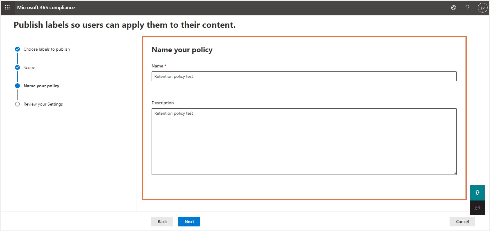 保持ラベルポリシーの名前と説明