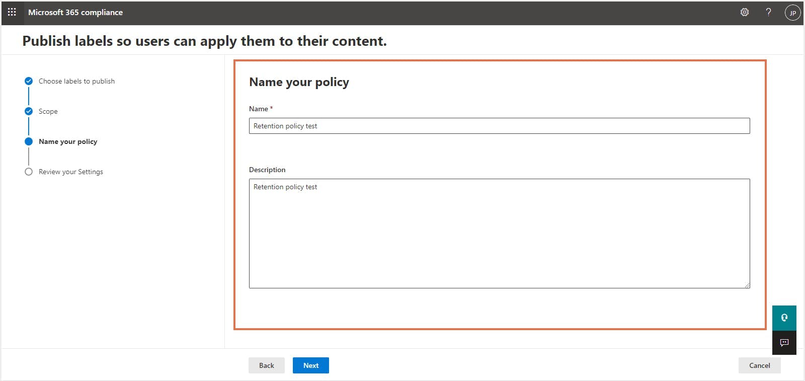 保持ラベルポリシーの名前と説明