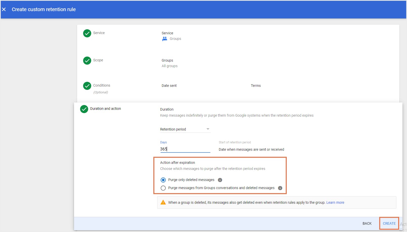 Google Groups custom retention rule