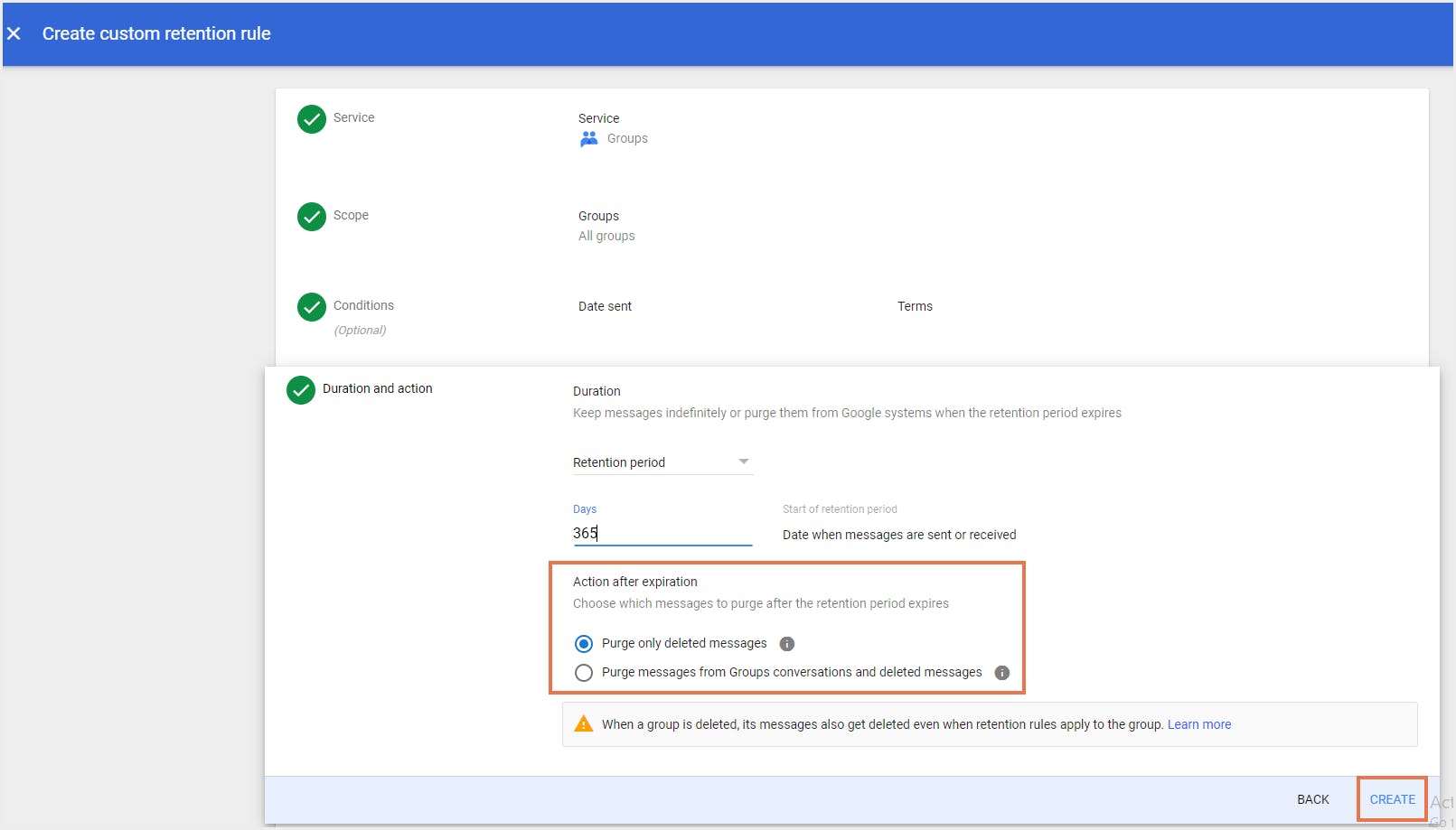 Google グループのカスタム保持ルール
