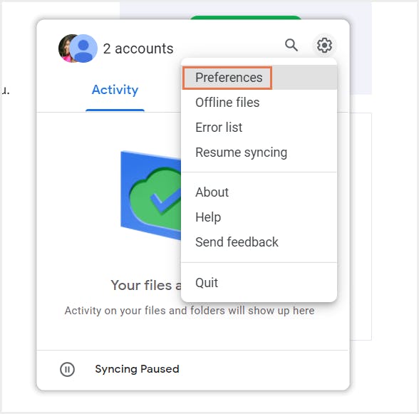 google 共有ドライブのバックアップ: 環境設定を開く