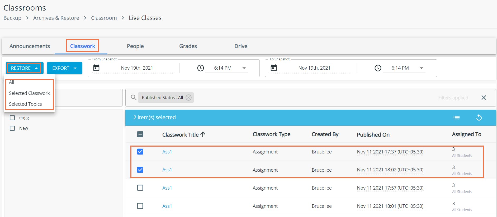 Classwork restore