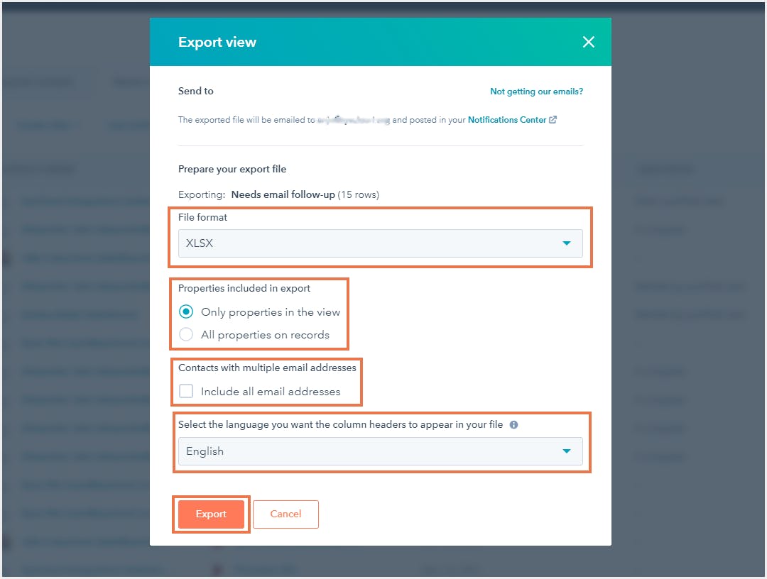 ハブスポットのエクスポート連絡先: エクスポート設定を選択
