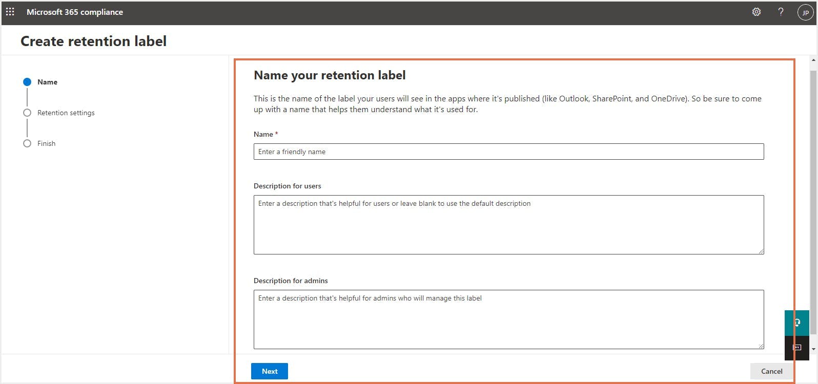 office 365 retention label - name and description
