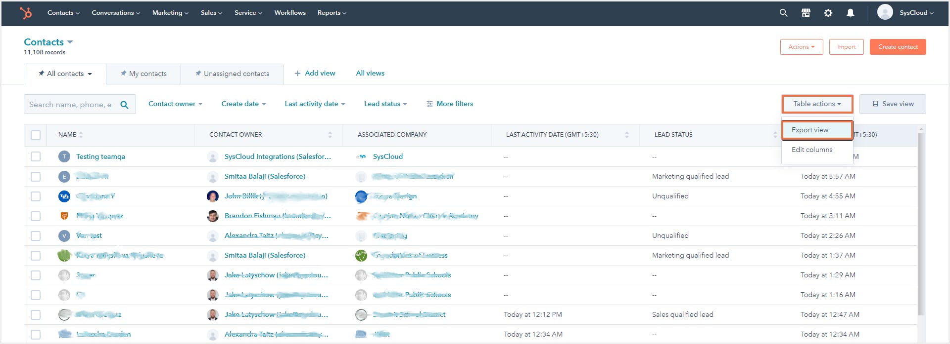 ハブスポットのエクスポート連絡先:エクスポートビュー