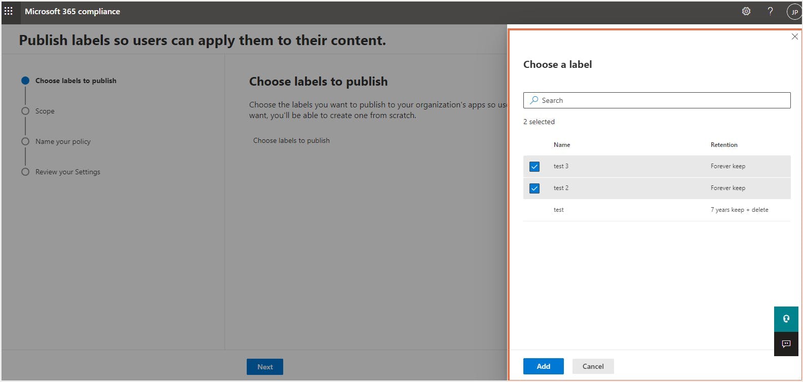 office 365 retention label policy - select labels 