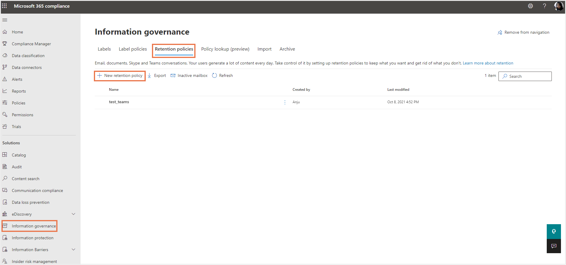 マイクロソフト365保持ポリシーの作成