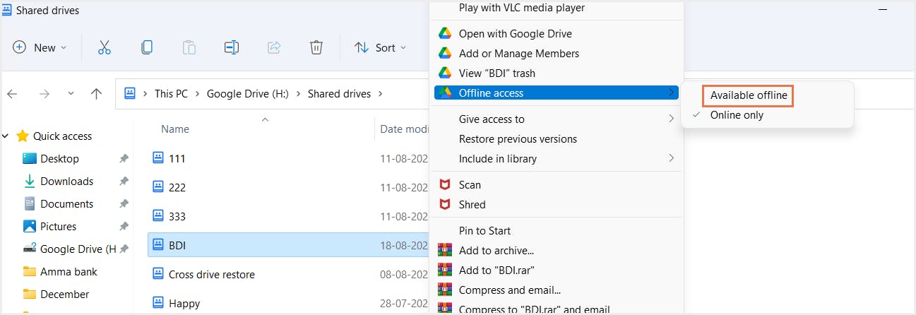 共有ドライブをオフラインで利用可能に