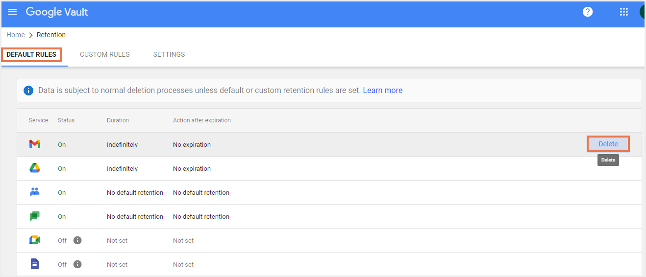 デフォルト保持ルールの削除