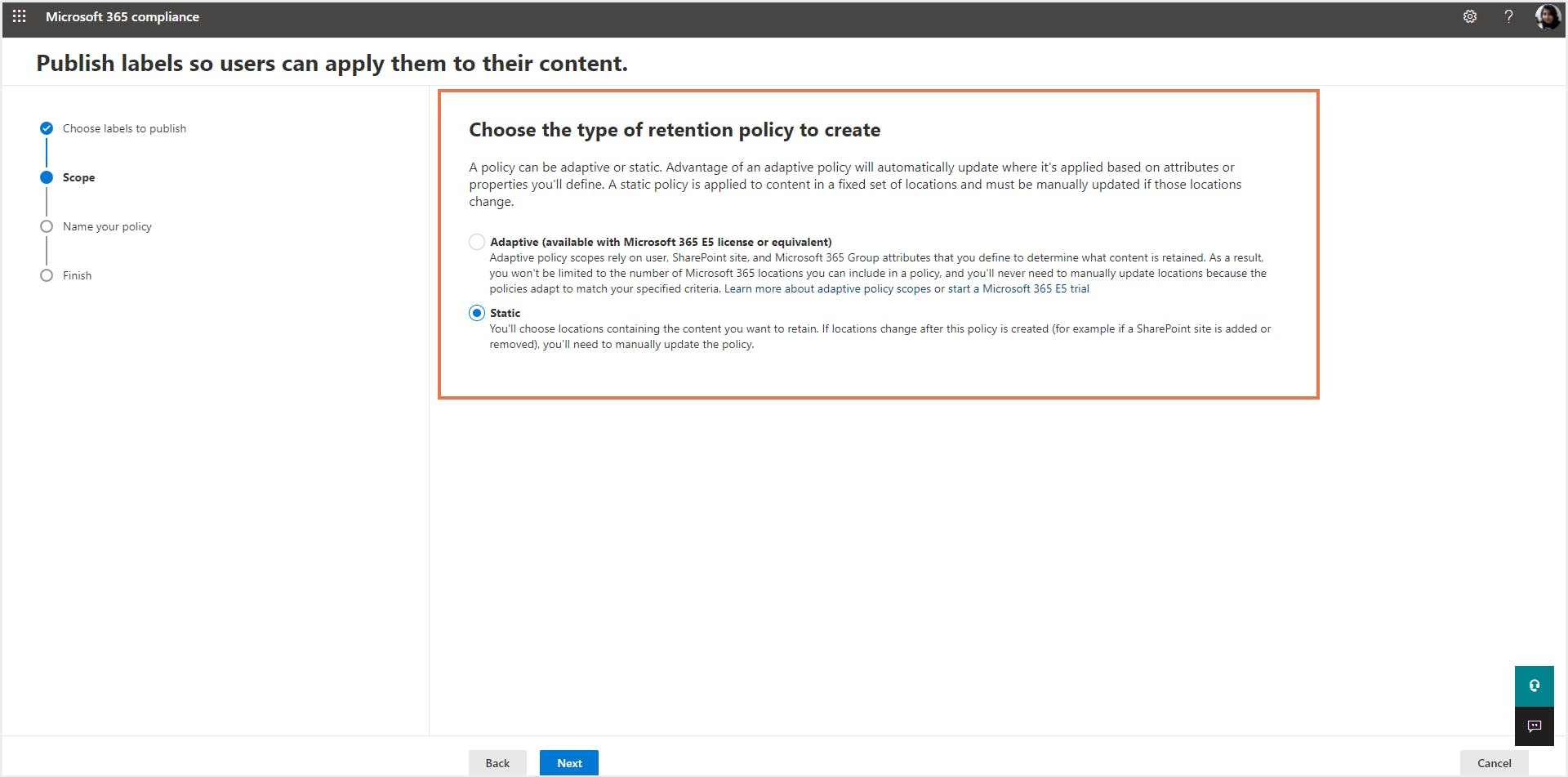 マイクロソフト リテンション ラベル ポリシーの範囲