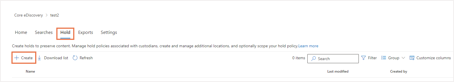 コアeDiscoveryケースで新規ホールドを作成