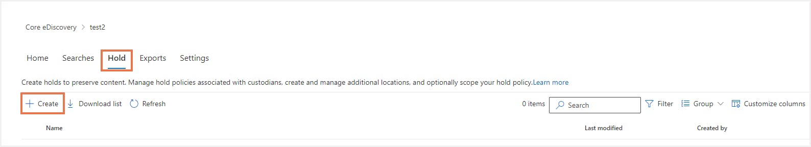 コアeDiscoveryケースで新規ホールドを作成