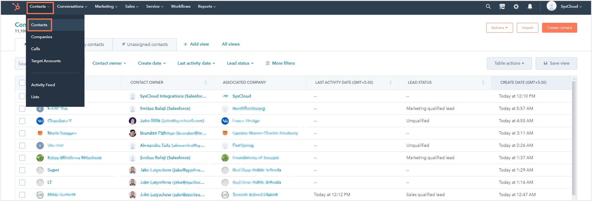 ハブスポットの連絡先エクスポート: 連絡先を選択
