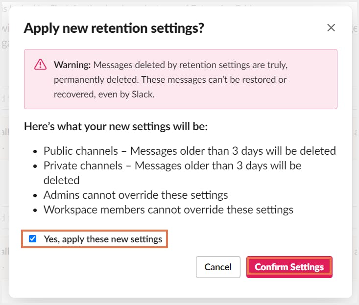 confirm retention settings