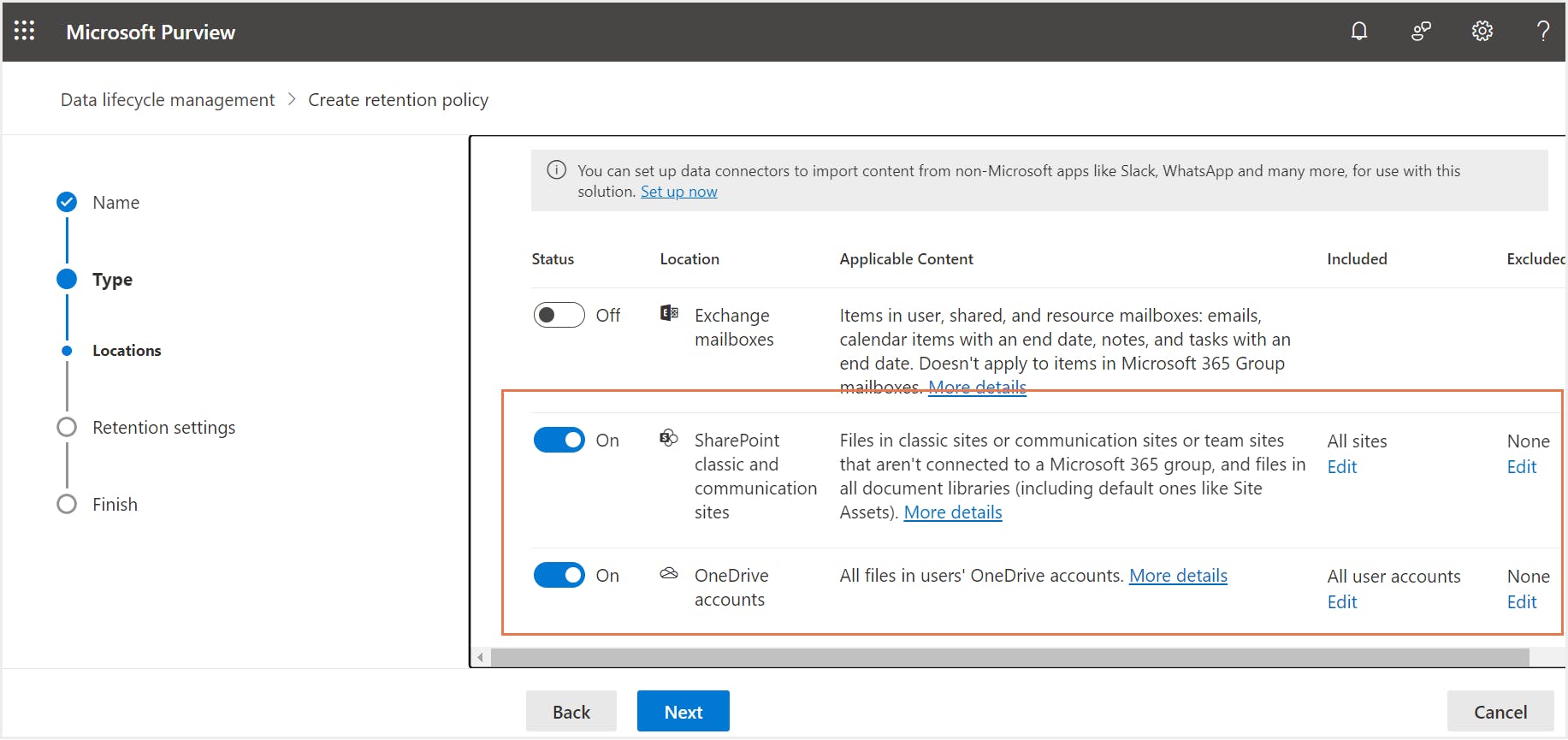choose sharepoint sites and onedrive accounts