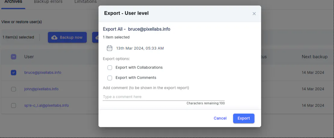 Screenshot of SysCloud's export feature, allowing users to export specific files, folders, or an entire Box user account with options for collaborations and comments, ready for instant download. 