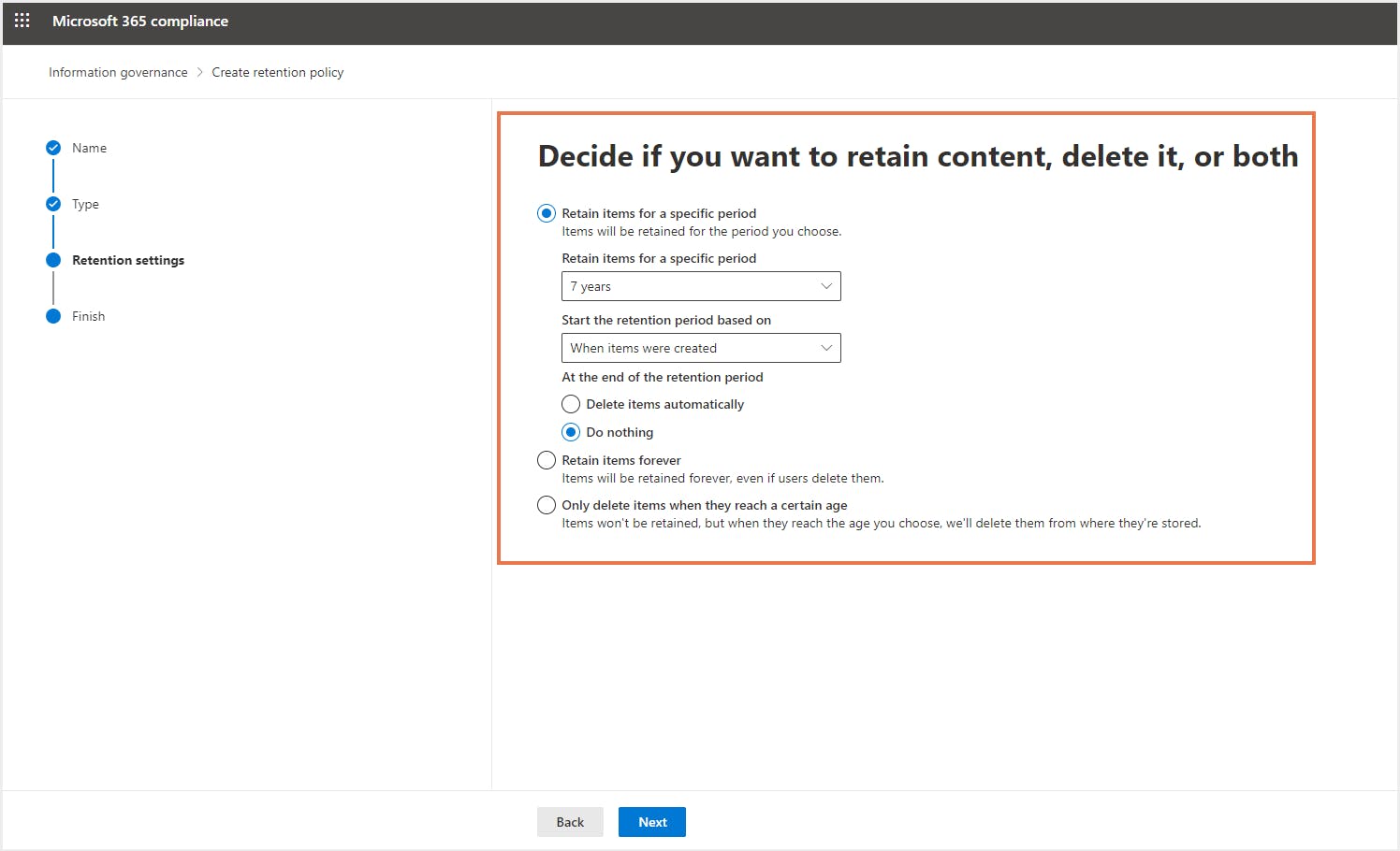 office 365 retention policy - configure retention settings